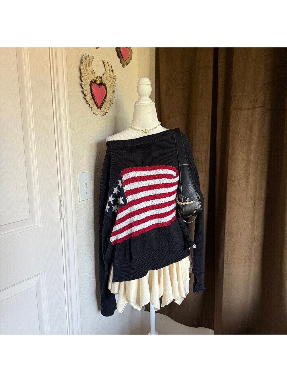 Miracle Black American Flag Knit Sweater Slouchy Cozy Sz S/M Americana Preppy
